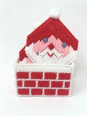 Vintage Handmade Cross Stitch Santa Set Christmas Decor Holiday Coaster Holder